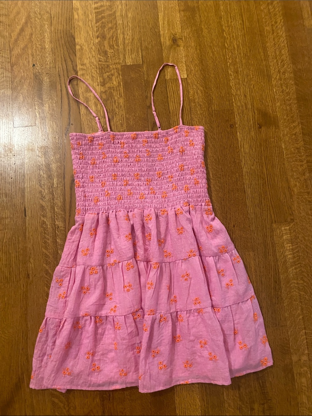 Altar'd State Pink Tiered Spaghetti-Strap Dress with Orange Embroidery